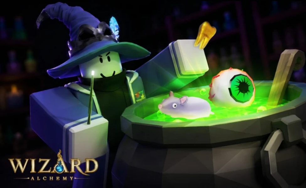 Wizard Alchemy Roblox game interface with witch character and magical cauldron
