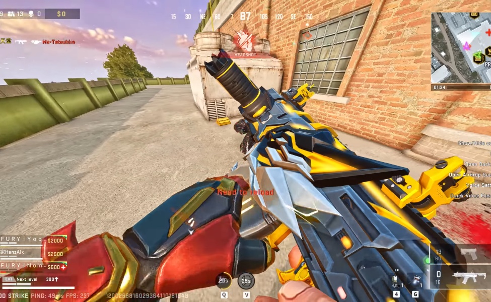 Blood Strike gameplay showing yellow and blue weapon skin in action