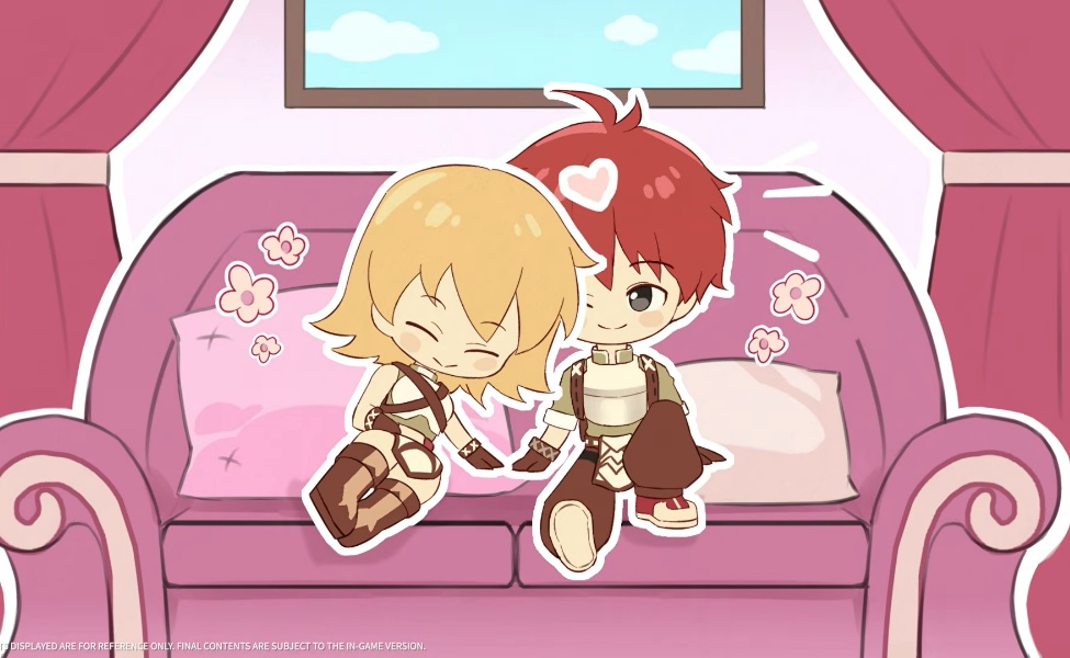 Anime couple sitting on pink couch showing affection and intimacy in ROOC