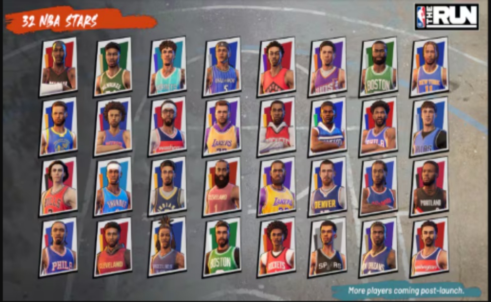 32 NBA players roster displayed in NBA The Run basketball game