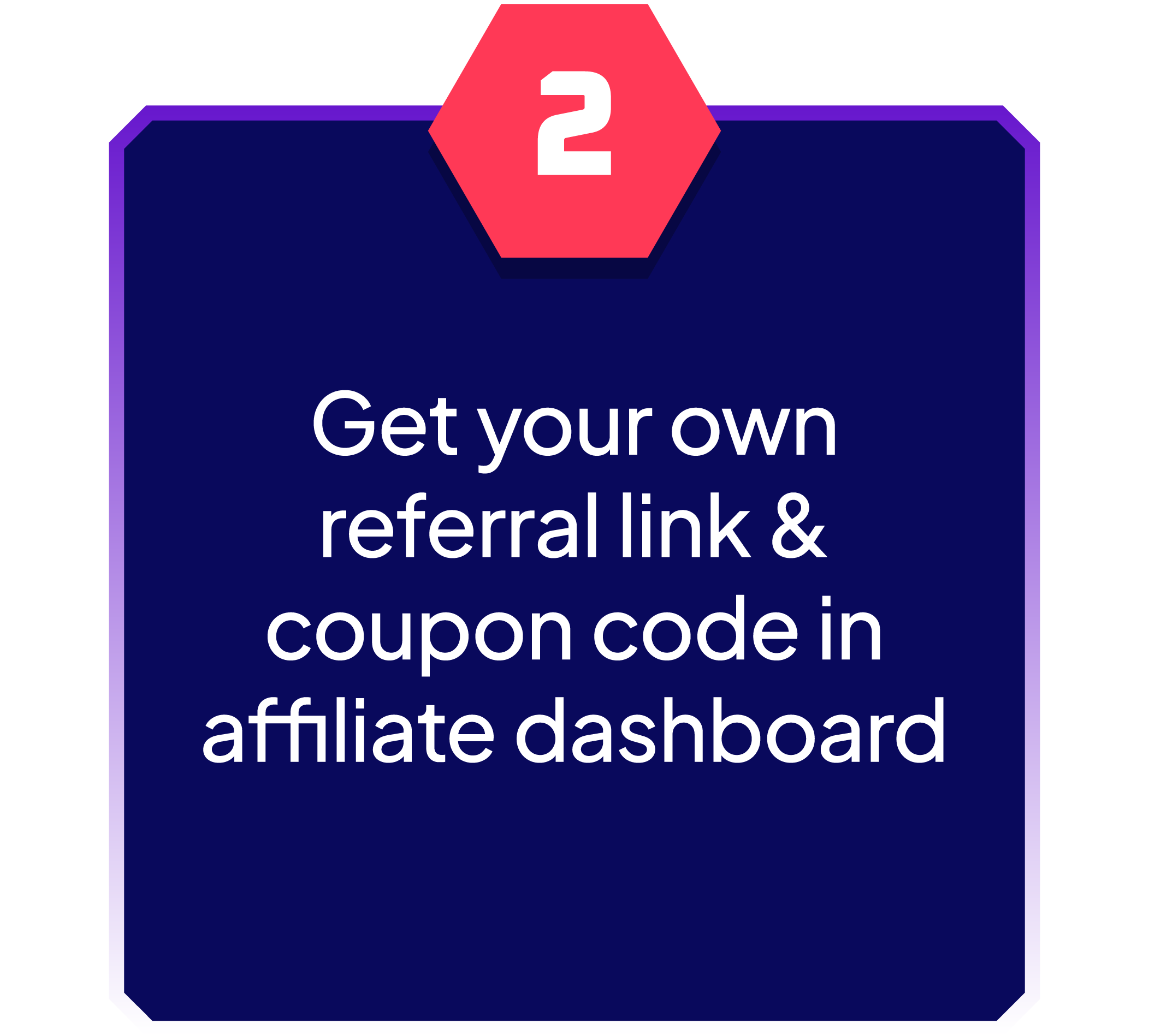Affiliate dashboard showing step 2 to get referral link and coupon code