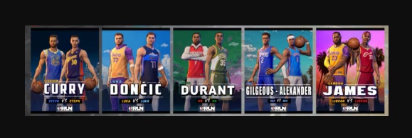 NBA player trading cards featuring Curry, Doncic, Durant, Giannis and James