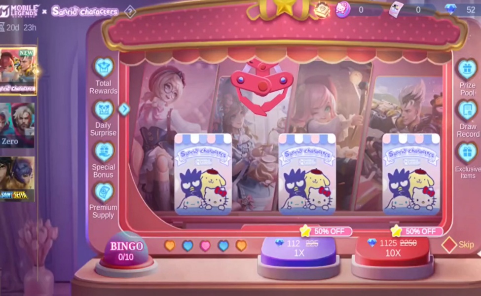 MLBB x Sanrio gacha draw cost interface showing Bingo phase with Sanrio character