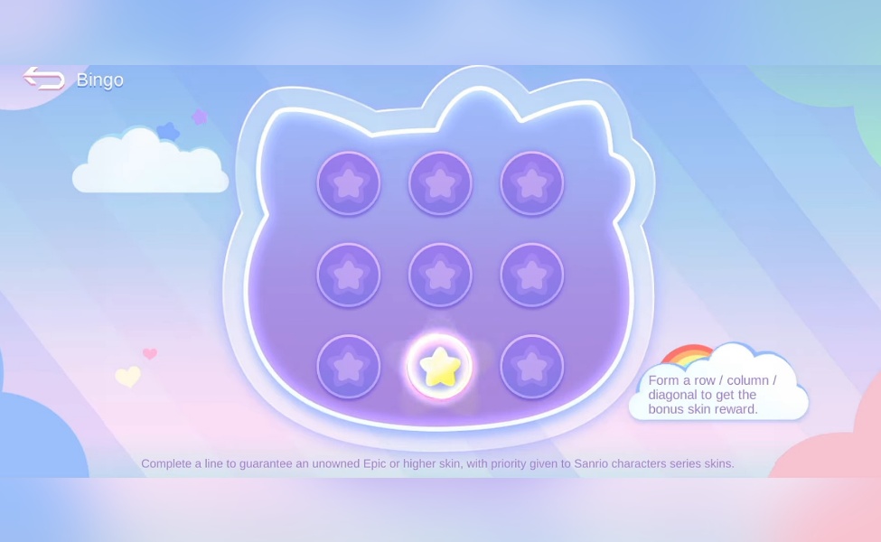 MLBB Sanrio Phase 2 Bingo grid with purple star icons and bonus reward