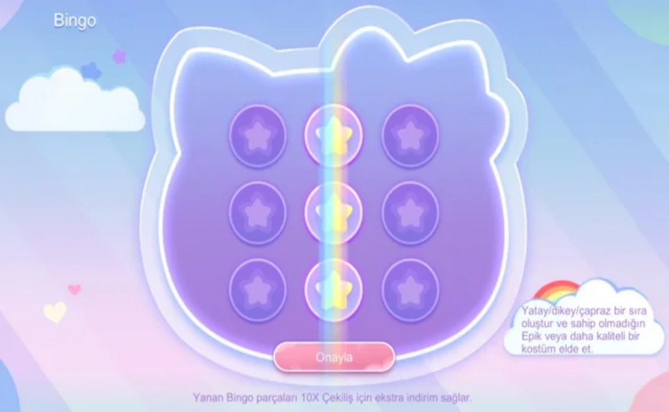 Purple bingo card with star symbols and rainbow center column from MLBB Sanrio