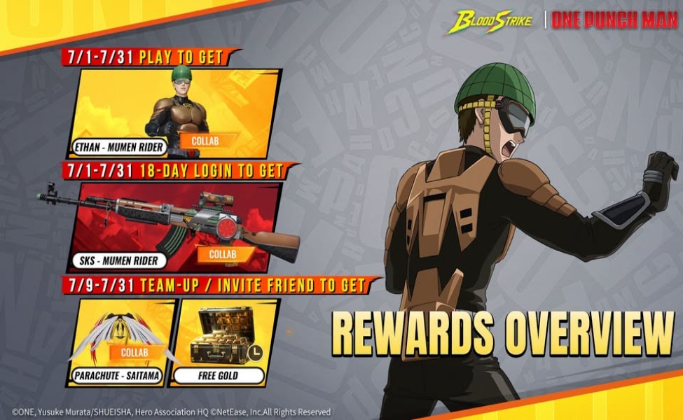 Blood Strike x One Punch Man rewards overview showing login and event rewards