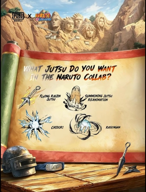 PUBG Mobile Naruto crossover jutsu selection menu showing four ninjutsu
