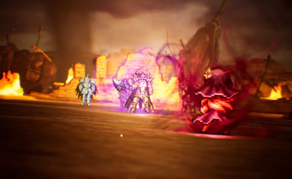 HD-2D Final Fantasy Resonance combat scene with characters and glowing magical