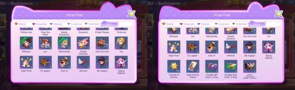 MLBB Sanrio Prize Pool showing exclusive character skins and item rewards