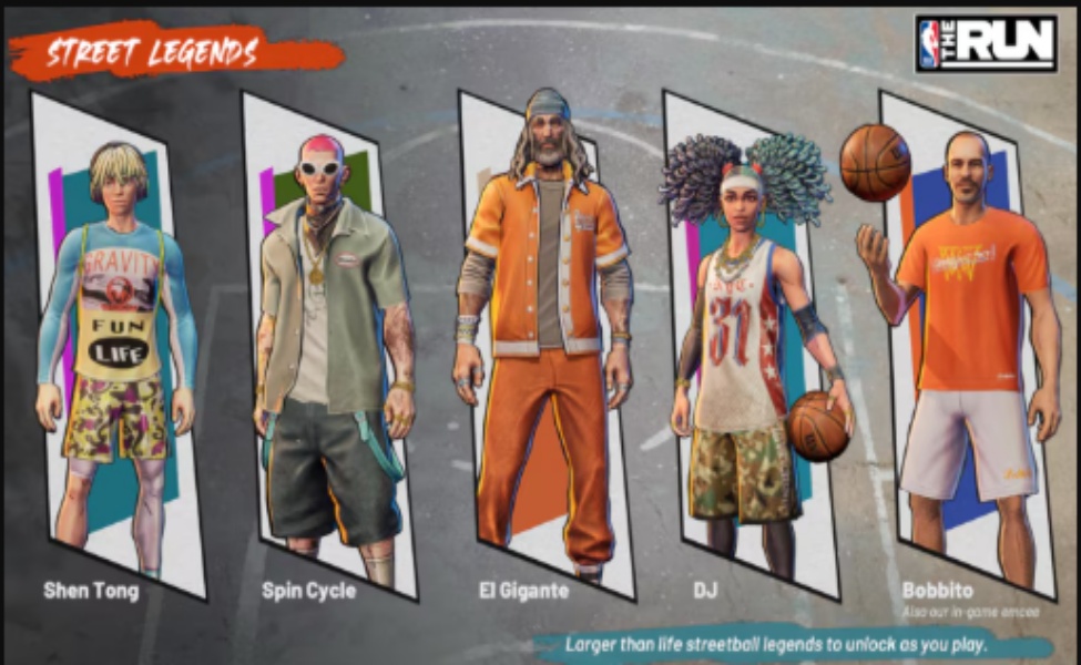 Five colorful streetball legend characters from NBA The Run game displayed in