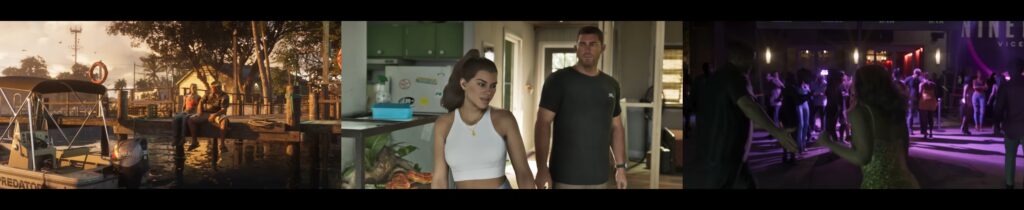 GTA 6 trailer scenes showing gameplay and characters in various locations