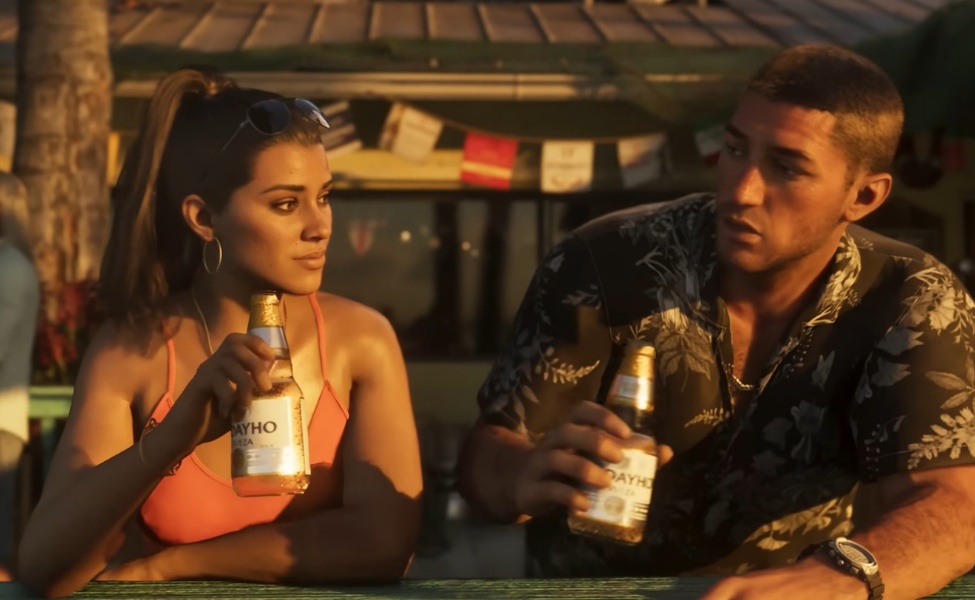 Two characters in tropical setting holding beer bottles in GTA 6 gameplay scene
