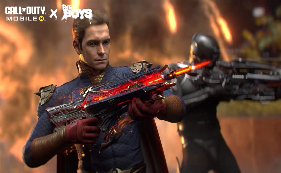 Homelander character in CODM x The Boys crossover holding red and gold rifle