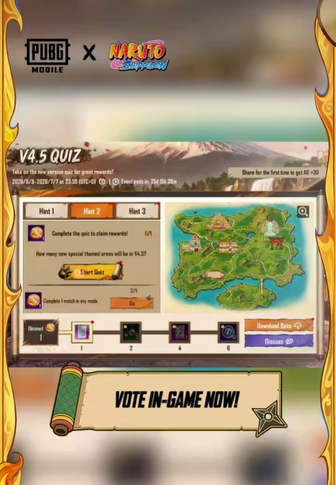 PUBG Mobile Naruto Shippuden crossover quiz interface with Konoha map