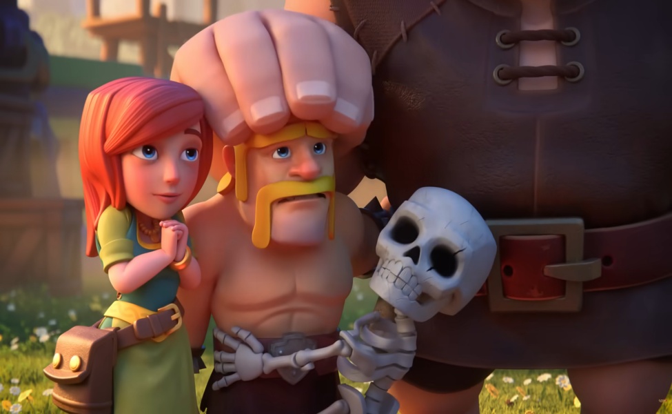 Animated Clash of Clans characters including a Barbarian King with skeleton