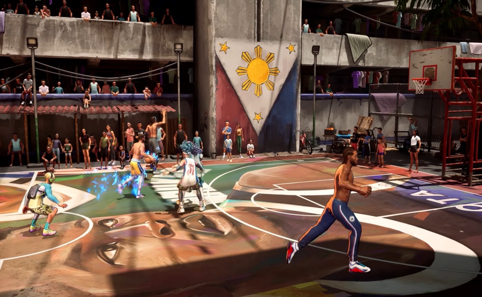 NBA The Run gameplay showing street basketball match with players on vibrant