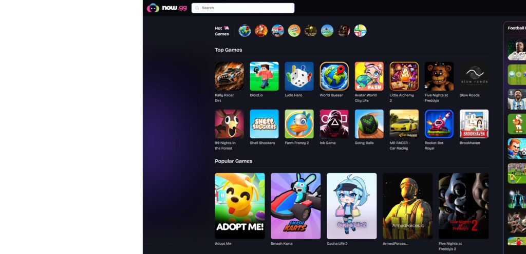 Now.gg gaming platform homepage displaying top and popular games