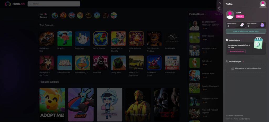 Now.gg gaming platform home screen with profile menu and game library