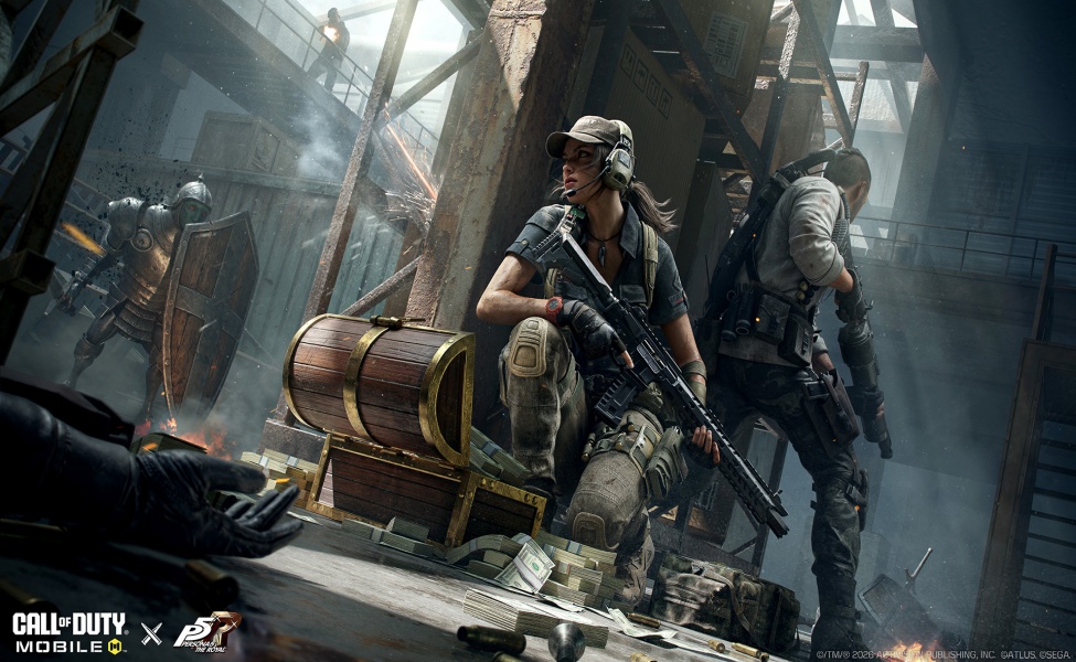Armed operators guard a wooden treasure chest in a gritty urban environment