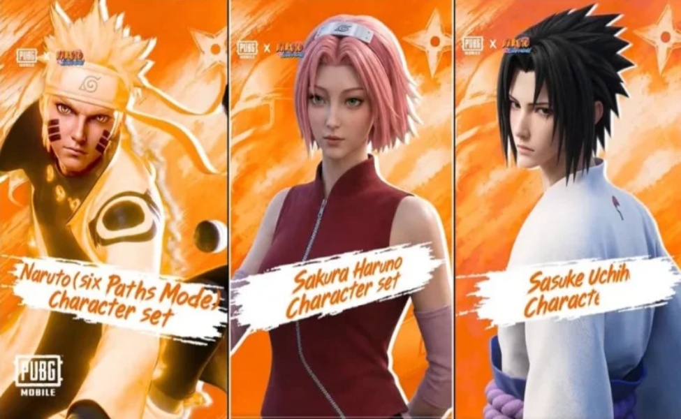 Three PUBG Mobile Naruto character outfit sets including Naruto, Sakura