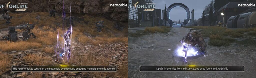 Psypher biosuit gameplay showing AoE pull skill engaging multiple enemies in RF