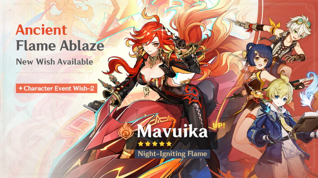 Mavuika five-star Pyro character banner announcement for Genshin Impact v6.6