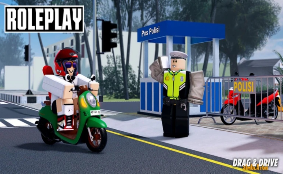 Roblox Drag Drive Simulator roleplay scene with player on scooter near police
