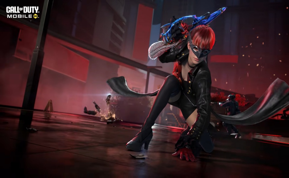 Urban Tracker character with red hair wielding blue rifle in CODM Persona 5