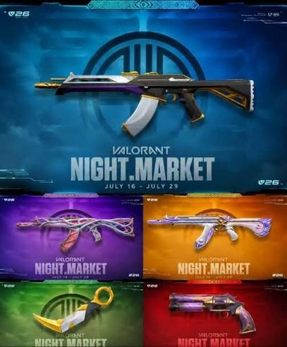 Valorant Night Market July 2026 weapon skins collection display