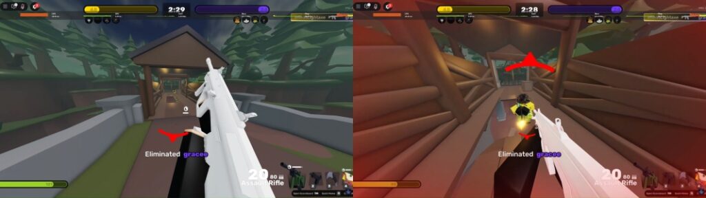 Gameplay screenshot of Roblox RIVALS showing two split-screen arcade modes