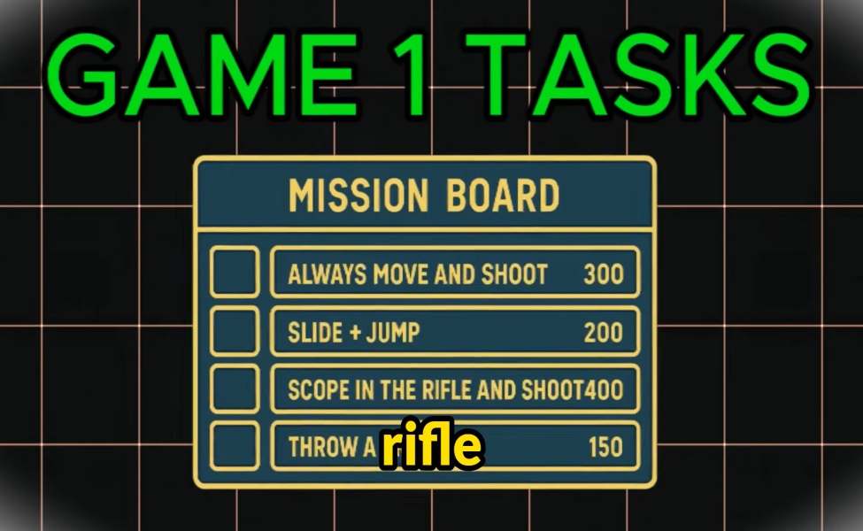 Game 1 Tasks mission board with shooting and movement challenges for beginners