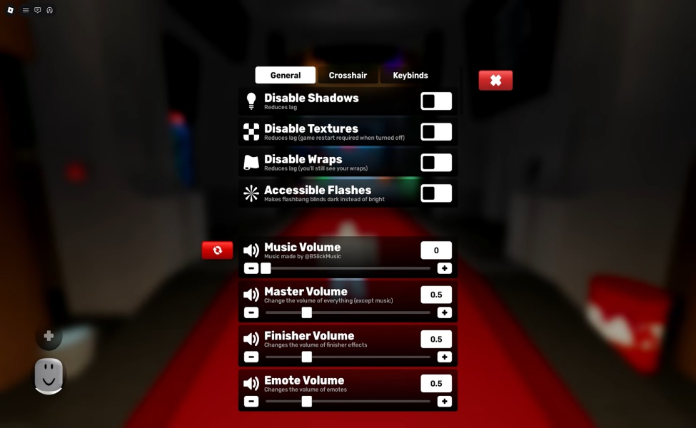 Settings menu showing audio volume controls and accessibility options for