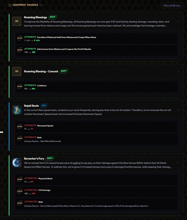 Mobile Legends equipment changes and balance adjustments display