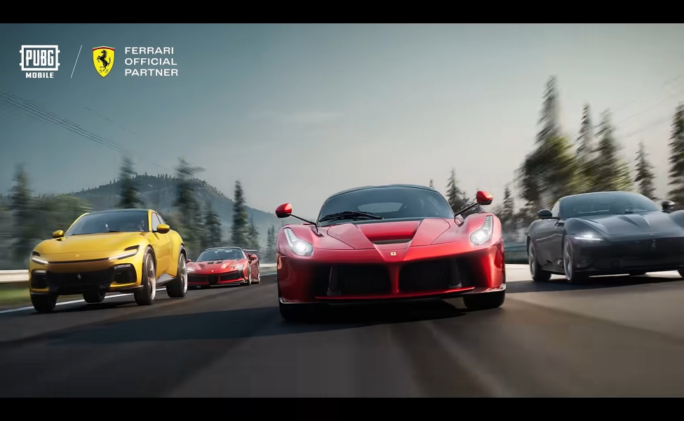 Multiple Ferrari supercars driving on mountain road in PUBG Mobile x Ferrari