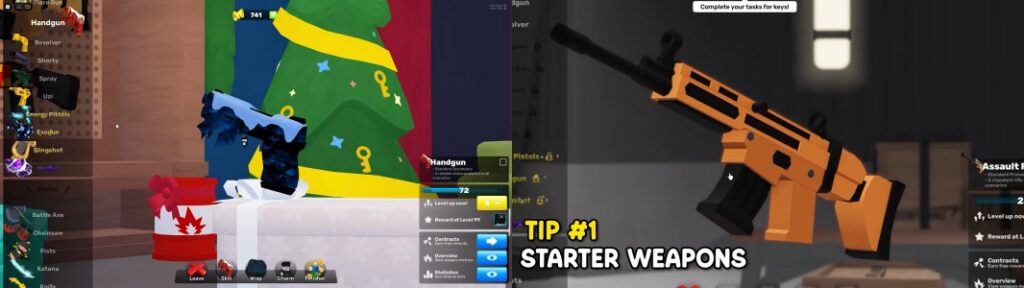 Roblox RIVALS beginner starter weapons loadout guide showing orange assault