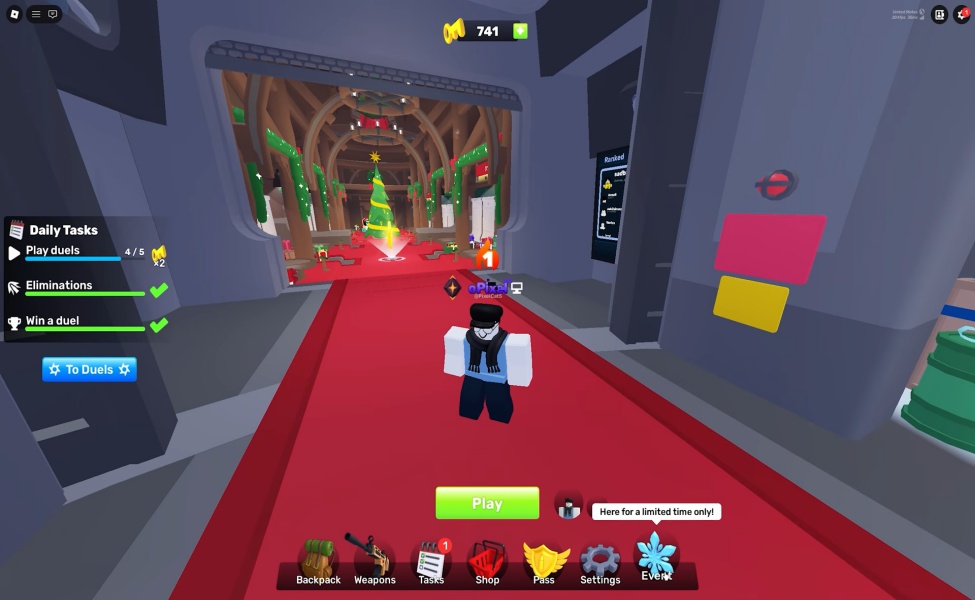 Player standing in Roblox game lobby with festive decorations and UI menu