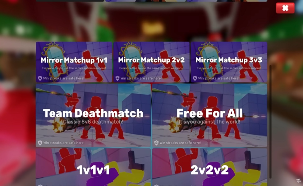 Game mode selection screen in Roblox Rivals showing matchup and deathmatch