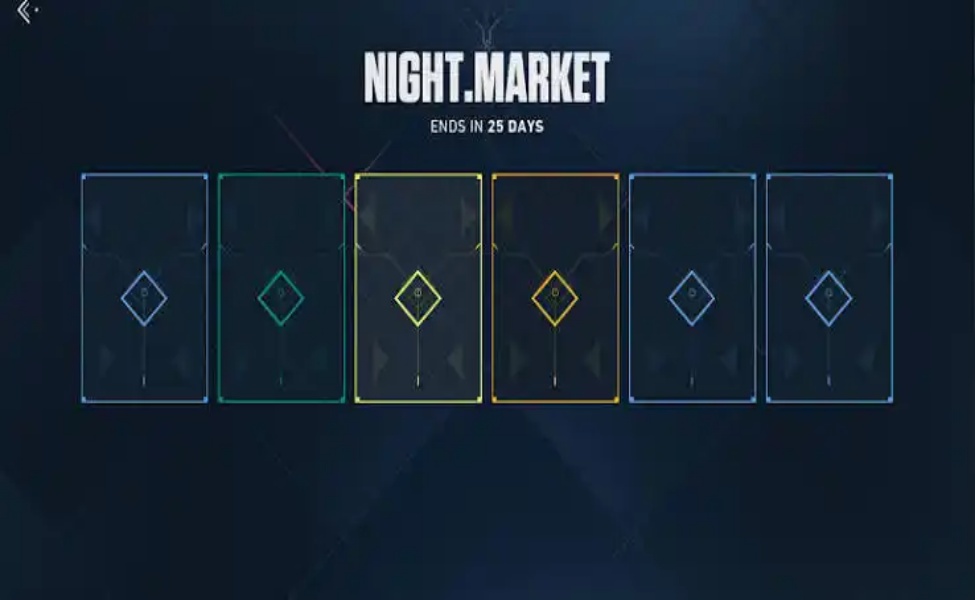 Six colored card slots displaying Valorant Night Market cosmetic items with 25