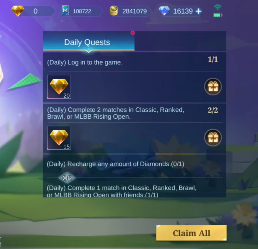 Daily Quests interface showing Diamonds rewards in MLBB game