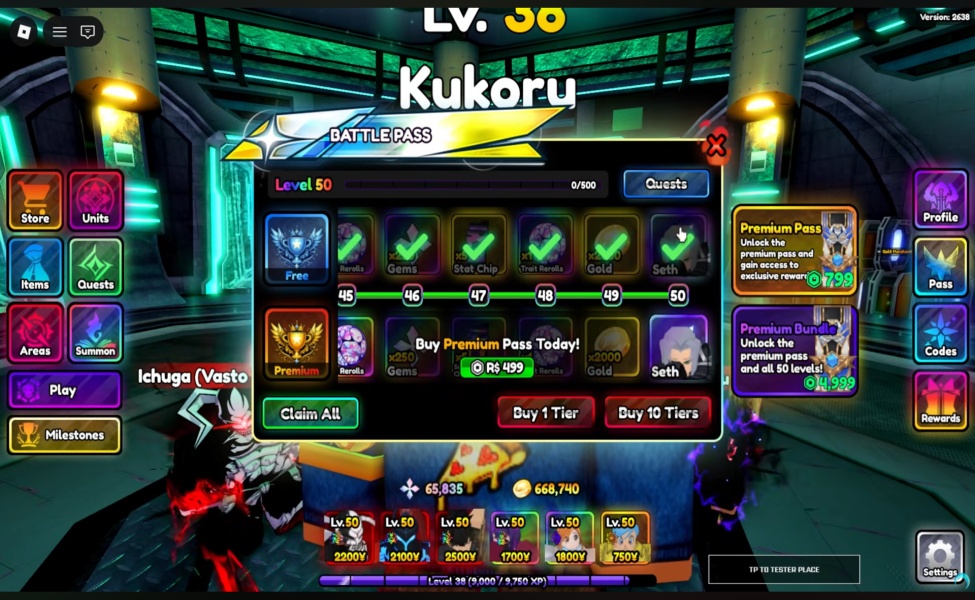 Anime Paradox battle pass interface showing level 50 rewards including gems