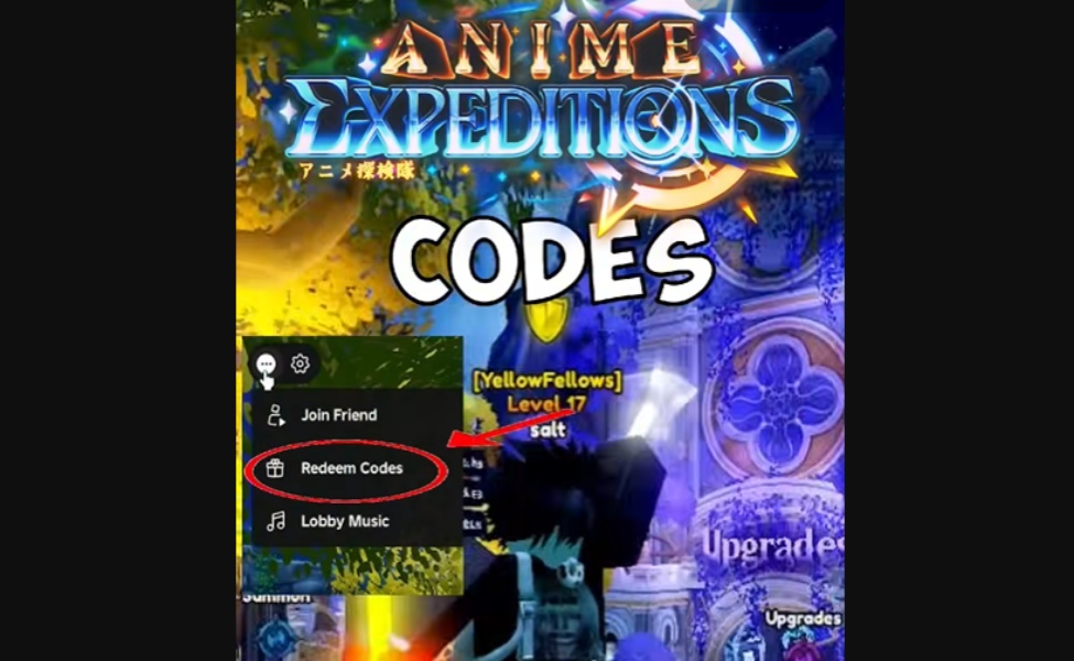 Screenshot showing Redeem Codes menu option in Anime Expeditions Roblox game