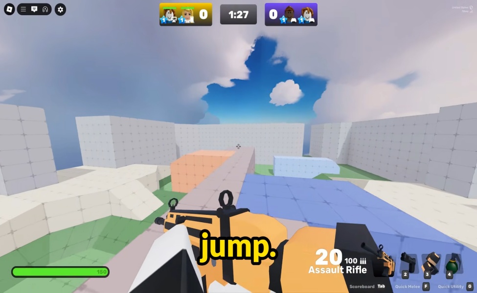 Player character jumping in Roblox Rivals gameplay with assault rifle equipped