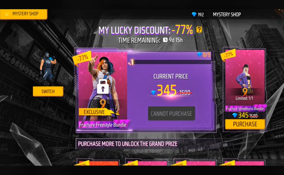 Mystery Shop lucky discount interface with Fracture Freestyle Bundle at 77% off
