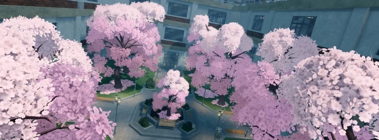 Digital illustration of cherry blossom trees in an urban plaza in Roblox Gakuran