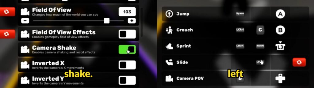 Roblox Rivals settings menu showing camera and control options