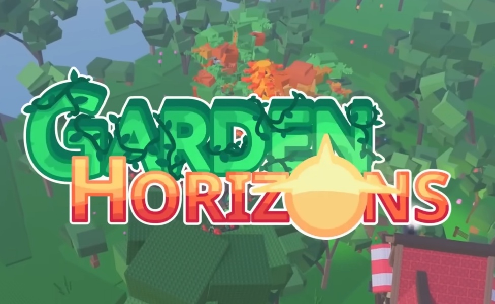 Garden Horizons game logo with green text and sun icon on pixel art background