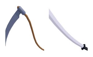 Three Roblox RIVALS melee weapons including scythe and katana