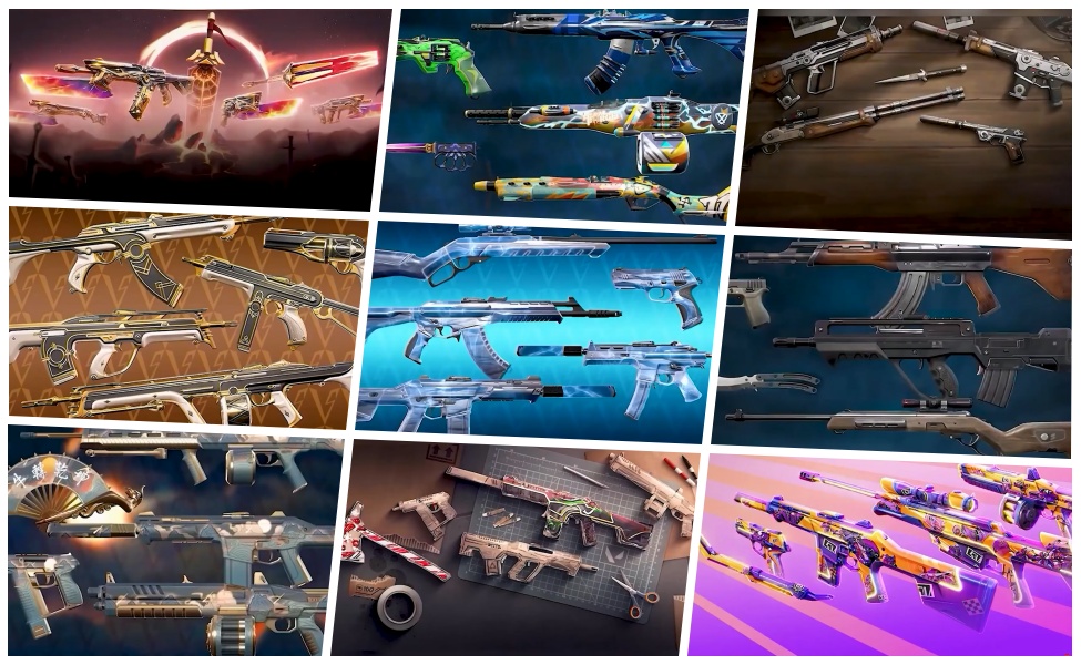 Collection of Valorant weapon skins displayed in various color themes and