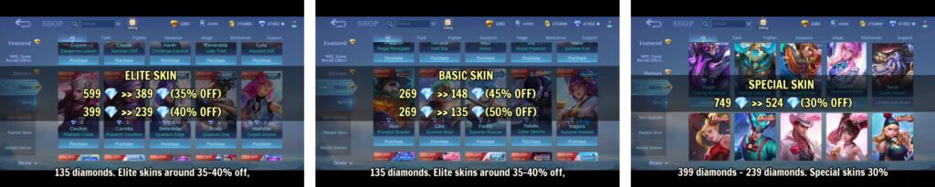 MLBB skin shop mega sale pricing with elite and special skins diamond costs