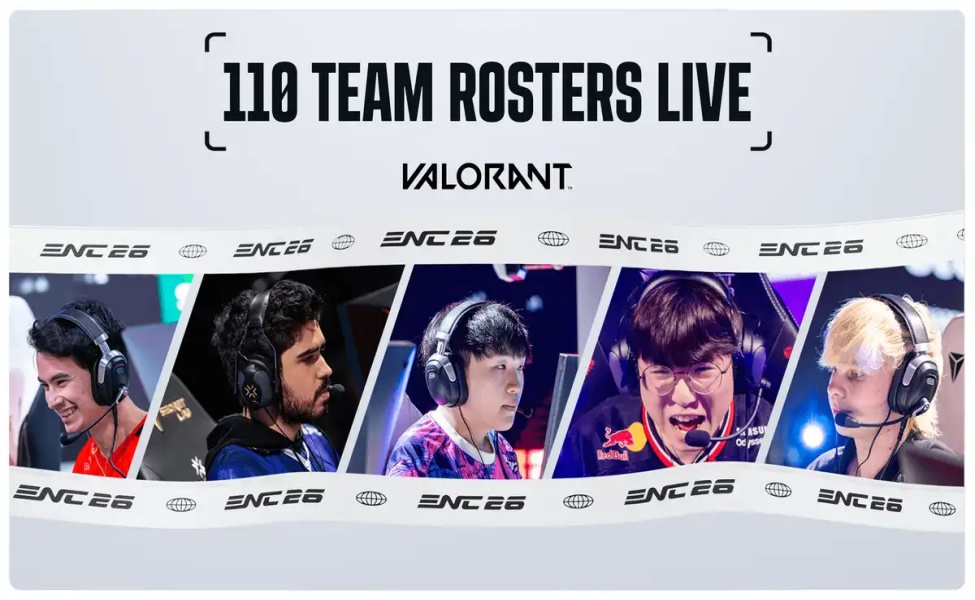 Five professional Valorant players wearing headsets at ENC 2026 esports event